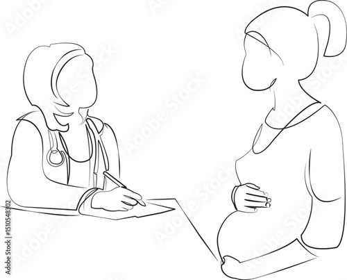 One continuous line drawing on white isolated background. Minimalism linear illustration. woman, doctor, care, pregnant, hospital, female, appointment, health care, medicals