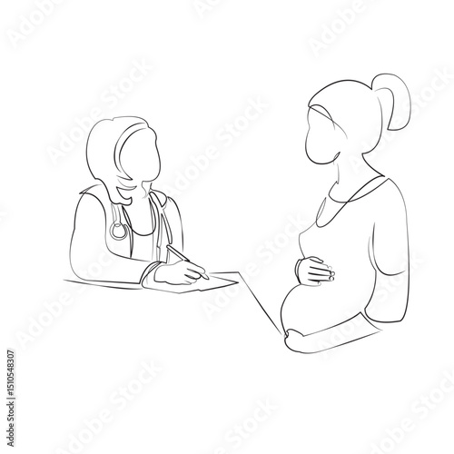 One continuous line drawing on white isolated background. Minimalism linear illustration. woman, doctor, care, pregnant, hospital, female, appointment, health care, medicals
