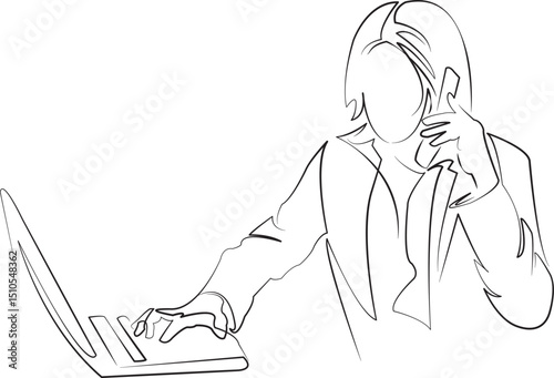One continuous line drawing on white isolated background. Minimalism linear illustration. mobile phone, woman, working, office, business, computer, businesswoman, laptop, talking