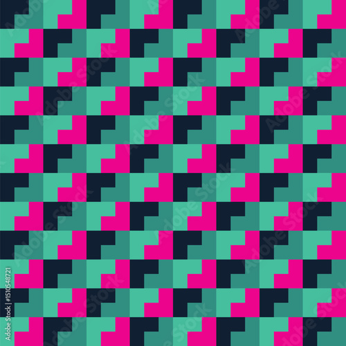 Pattern created from shades of teal green, pink and charcoal L shapes