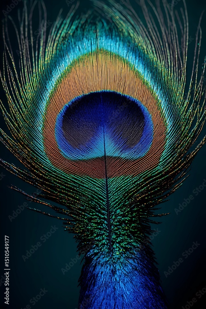 Obraz premium Peacock Feather: A close-up shot reveals the intricate beauty of a single peacock feather, showcasing its mesmerizing colors and patterns in a celebration of natural artistry.
