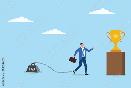 Vector illustration of a determined businessman struggling for success while burdened with heavy taxes, symbolizing the challenge of achieving financial goals amidst tax obligations
