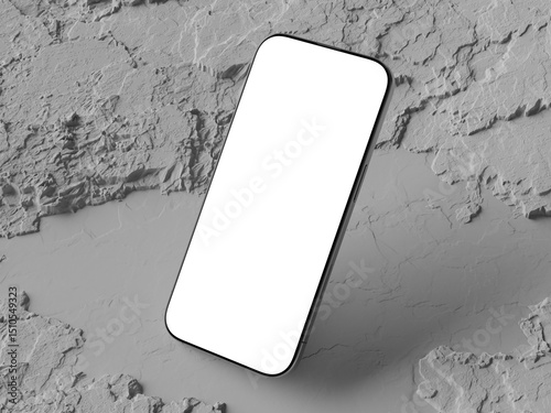 Modern smartphone with frame less blank screen on grey rock textured surface, ready for customization or design presentations. 3d render