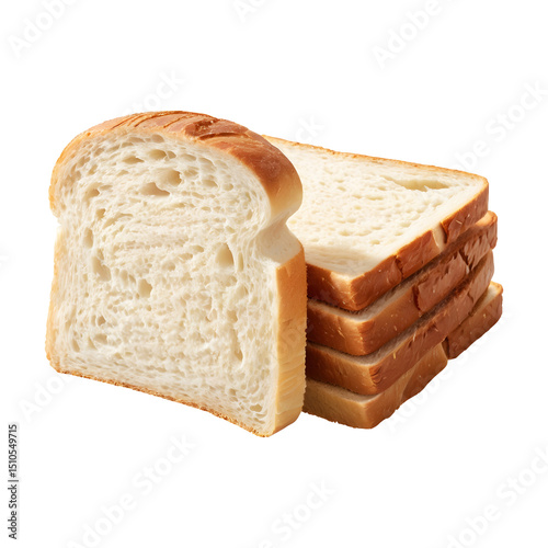 Several slices of plain white sandwich bread stacked on transparent background