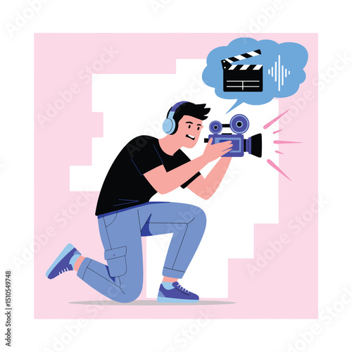Young Filmmaker Shooting Video Vector Art