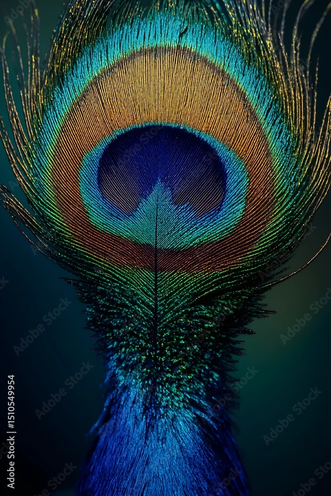 Obraz premium Peacock Feather: The iridescent elegance of a peacock feather, with its eye-catching pattern and rich, vibrant colors. A symbol of beauty and grace.