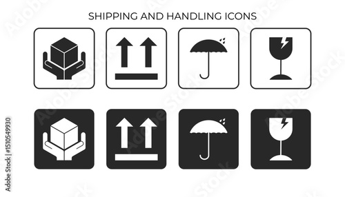 These icons display eight universal packaging symbols (Handle with Care, This Way Up, Keep Dry, and Fragile), in both black-on-white and white-on-black versions, to ensure proper package handling.