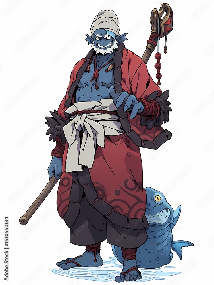 Fototapeta premium A smiling fishman stands on water, wearing a red and black outfit, holding a staff and a fish, with a friendly gaze.