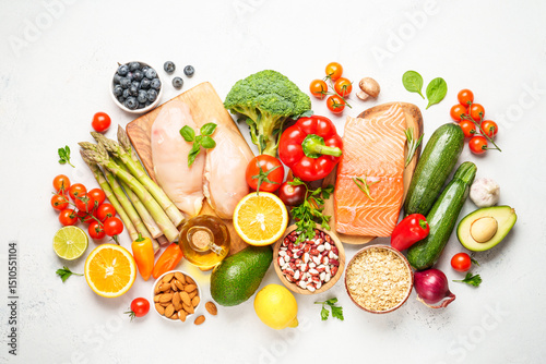 Healthy food assortment on white background.