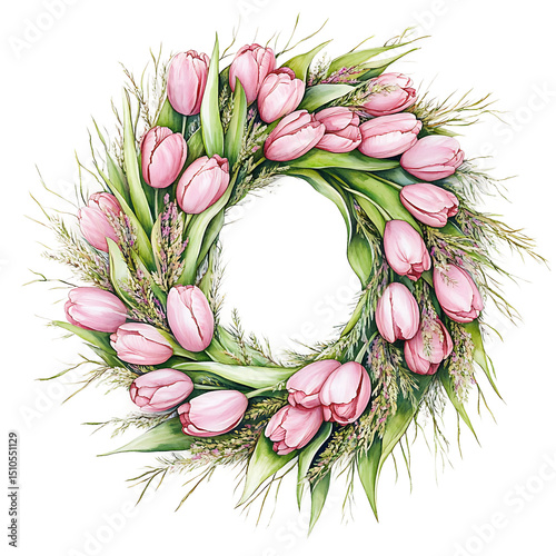 Watercolor Tulips Wreath PNG Transparent Background Isolated Floral Flower Decoration