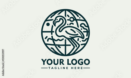 Stylized flamingo bird placed in front of outlined Earth globe representing environmental awareness. Wildlife concept

