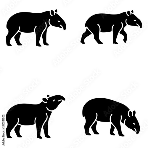 Four tapirs silhouettes in different poses on white background