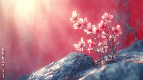 Pink blossoms on rocks in soft light