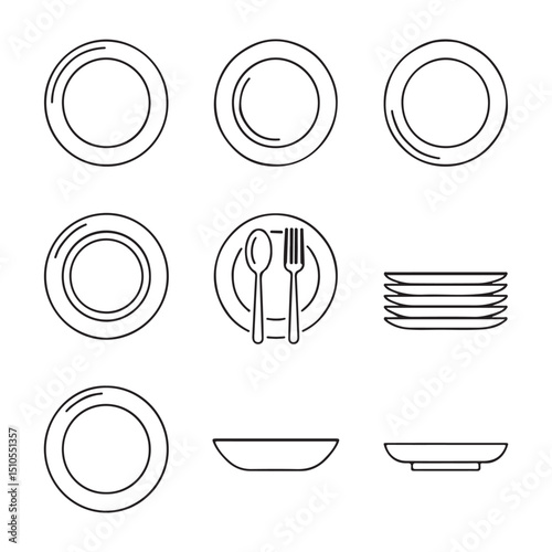 Minimal Plate Icon Set Collection. Simple Line Art Illustration of Dishes, Cutlery, and a Stack of Plates
