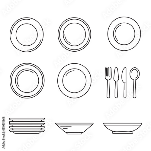 Minimal Plate Icon Set Collection. Simple Line Art Illustration of Dishes, Cutlery, and a Stack of Plates
