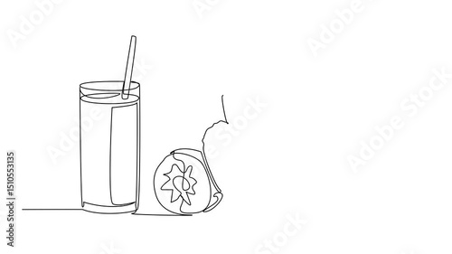 Self drawing animation of continuous one line drawing a glass of soursop juice with straw in glass. Freshness in summer. Cold drinks. Smoothie soursop. National Juice Slush Day. Full length animated
