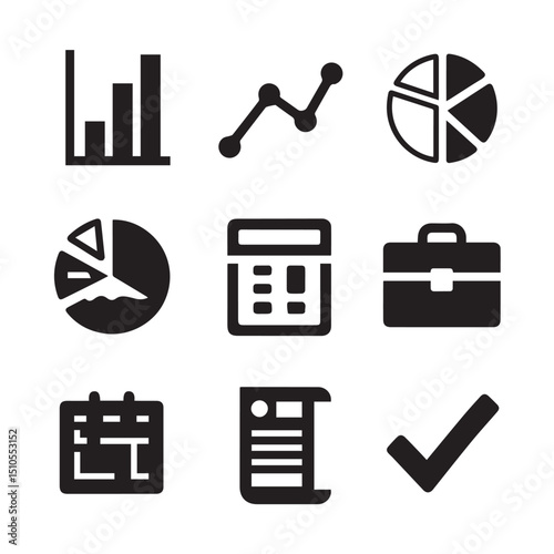 Nine business icons silhouette set isolated on white background