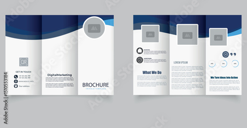Trifold brochure with blue waves. Vector illustration. Trifold Print Ready Brochure Template.
