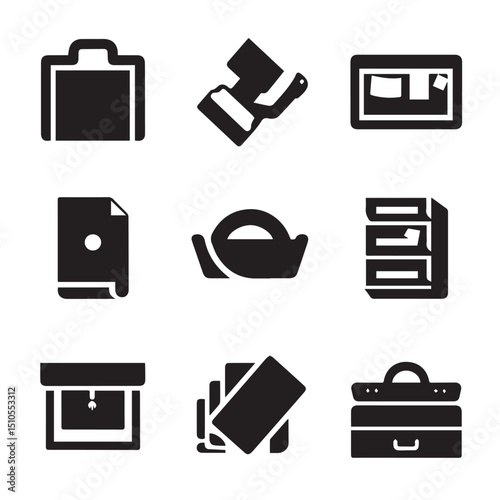 Nine office supply silhouette icons isolated on white background
