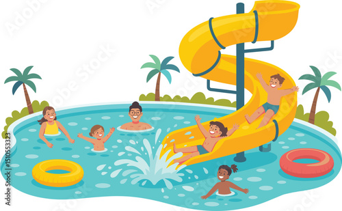 Happy children and adults enjoying summer water park fun with yellow slide, swimming pool, inflatable rings, and tropical palm trees