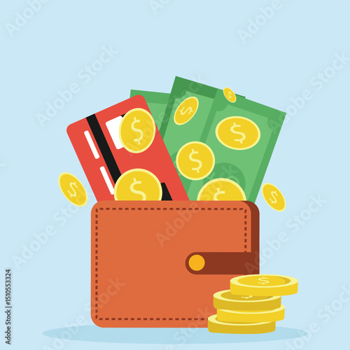 Wallet with green paper money with a credit card and gold coin. banknote and bank card flat design, Online payment concept. vector illustration...
