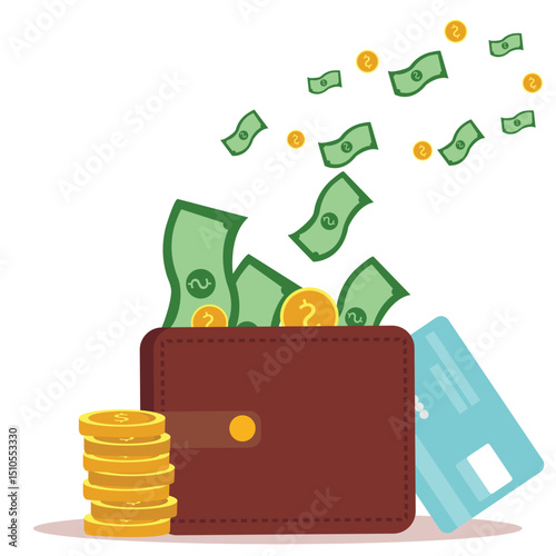 Wallet with green paper money with a credit card and gold coin. banknote and bank card flat design, Online payment concept. vector illustration...