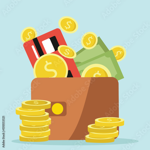 Wallet with green paper money with a credit card and gold coin. banknote and bank card flat design, Online payment concept. vector illustration...