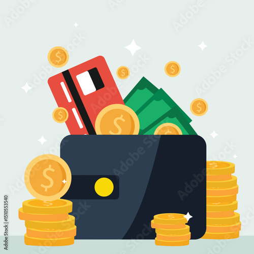 Wallet with green paper money with a credit card and gold coin. banknote and bank card flat design, Online payment concept. vector illustration...