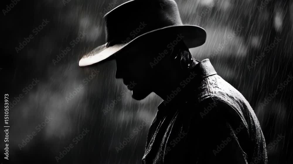 Silhouette of a man with a hat in rain shower in grayscale