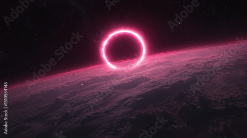 Pink ringed planet view from space