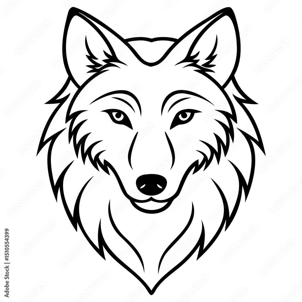 Fototapeta premium Illustration of a wolf head with detailed fur and sharp features in black outline on transparent background
