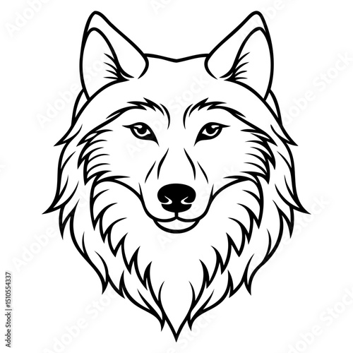 Detailed line art illustration of a wolf head with prominent fur and ears facing front on transparent background
