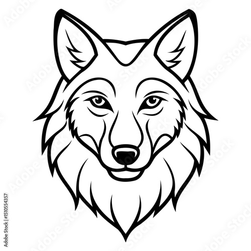 Illustration of a wolf head with detailed fur and pointed ears in black outline on transparent background