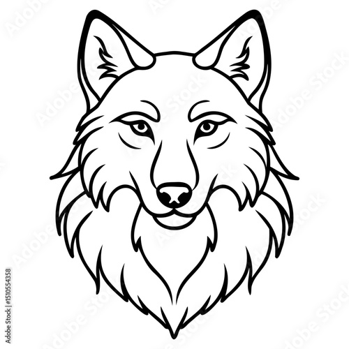 A detailed line drawing of a wolf head with pointed ears and a furry neck mane on transparent background