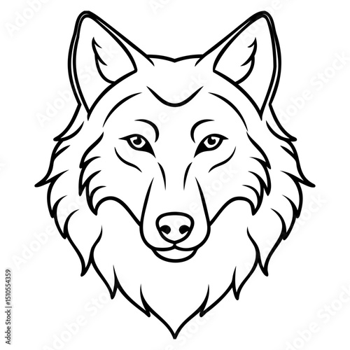 Illustration of a wolf's head with detailed fur and facial features in black outline on transparent background