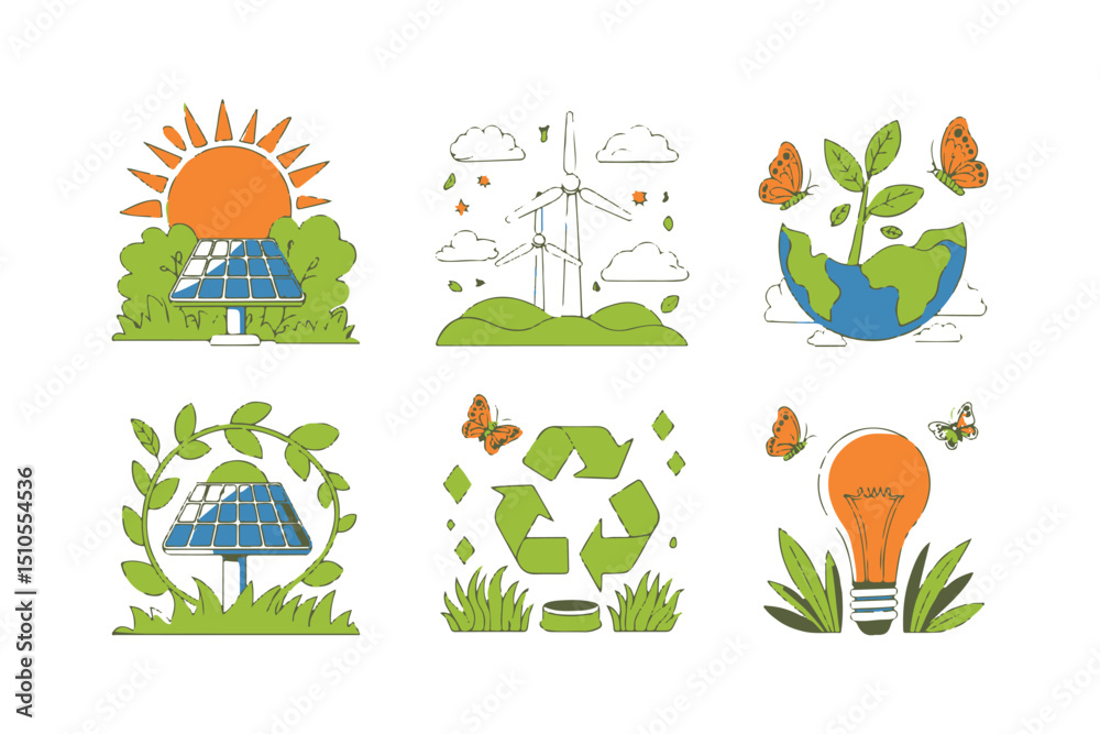 Fototapeta premium Various icons representing ecological sustainability showcase solar panels, wind turbines, recycling, and an organic lightbulb on transparent background