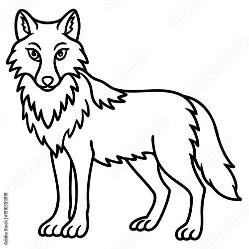 Illustration of a standing wolf with detailed fur outline in black and white on transparent background