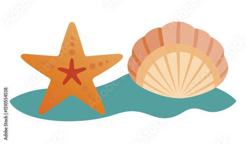 Cute starfish and scallop shell on teal background