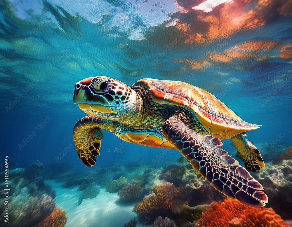 Fototapeta premium underwater scene with a sea turtle swimming in clear blue waters emphasizing the beauty of marine life and the peacefulness of the ocean