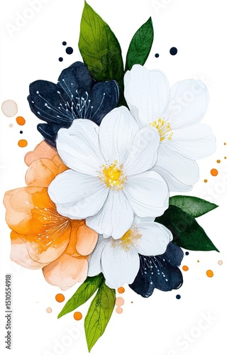 Bouquet of white flowers watercolor abstract painting. Decorative wallpaper isolated background 