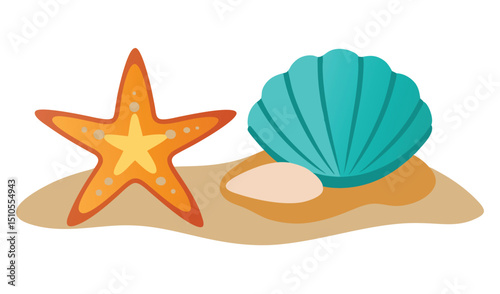 Orange starfish and teal seashell on sandy beach