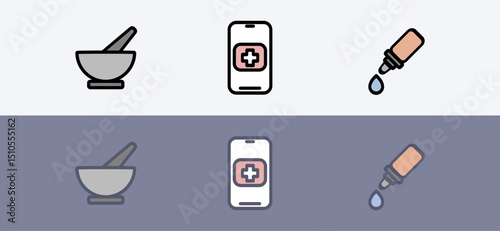 Pharmacy and hospital medical treatment symbol set - smartphone info and medical production set.