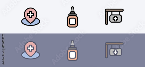 Pharmacy and hospital medical treatment symbol set - medical treatment and drops set.