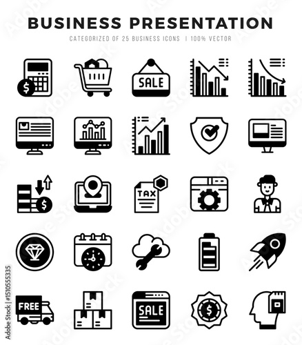 Business Presentation icons Pack. Lineal Filled icons set. Business Presentation collection set.