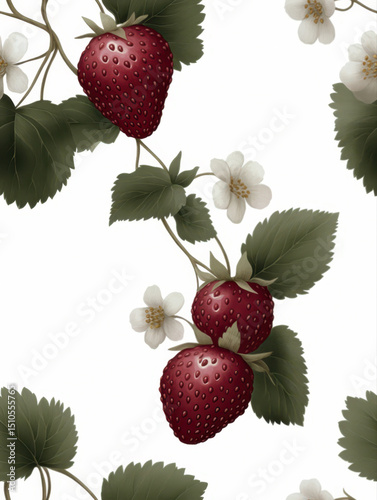 Seamless pattern, repeating background with strawberries on pure white background
