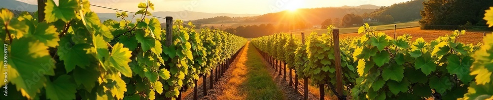 Fototapeta premium Sun-drenched rows of lush, vibrant grapevines stretching across a picturesque vineyard, ready for harvest The perfect image for wine country, viticulture, and autumn themes , sun, natural, nature