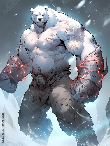A polar bear stands on all fours, its piercing blue eyes focused on the viewer, holding a glowing red object amidst a blizzard.