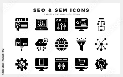 15 SEO And SAM Glyph icon pack. vector illustration.
