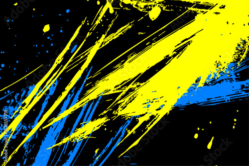 High-contrast abstract art with bright yellow and blue paint strokes on a deep black background. Striking vector graphic for digital art, prints, and dynamic visuals.