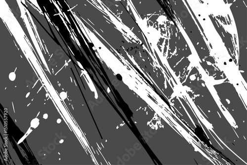 Dynamic monochrome abstract with energetic black and white slashes and splatters on a grey background. A high-contrast, edgy design perfect for modern grunge or urban-themed projects.